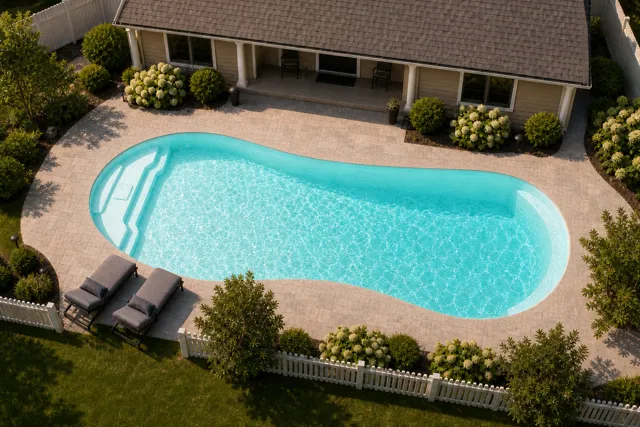 Daytime render of the Titus 1433 fiberglass pool with cantilever coping and a Arctic Shimmer interior, seen from above at an angle.