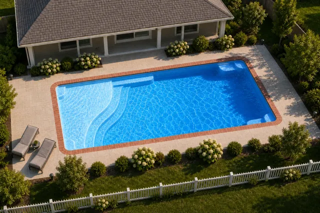 Daytime render of the Aspen 1430 fiberglass pool with brick coping and a California interior, seen from above at an angle.