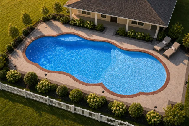 Daytime render of the Sandal Beach Entry 1639 fiberglass pool with brick coping and a California interior, seen from above at an angle.