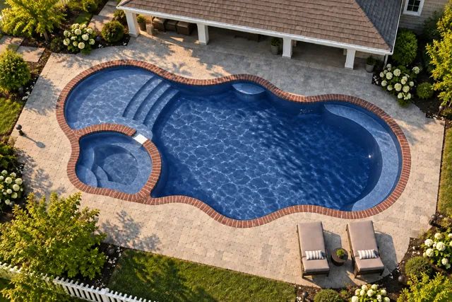 Daytime render of the Bermuda 16.35 Deluxe fiberglass pool with brick coping and a Ocean Blue interior, seen from above at an angle.