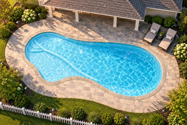 Daytime render of the The Inspiration 40 fiberglass pool with stone coping and a Ice Silver interior, seen from above at an angle.