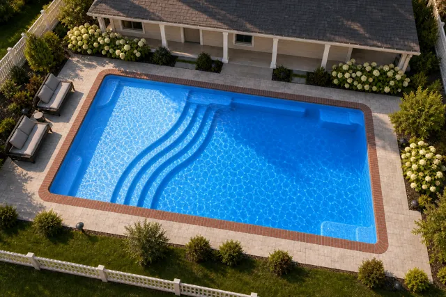 Daytime render of the Aspen 1225 fiberglass pool with brick coping and a California interior, seen from above at an angle.