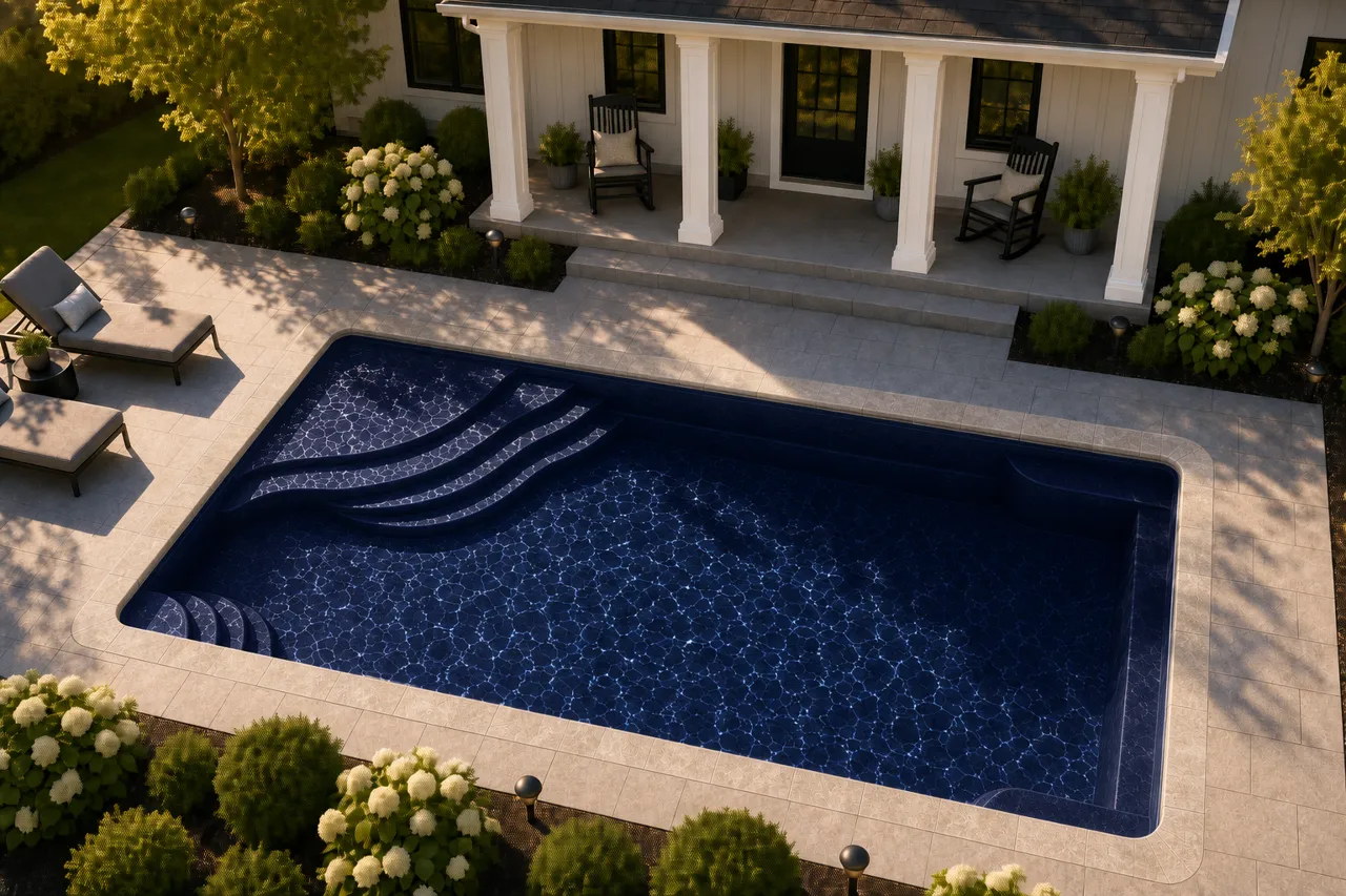 Daytime render of the Olympia 16 fiberglass pool with stone coping and a Night Sky interior, seen from above at an angle.