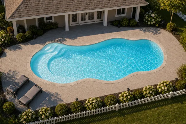 Daytime render of the The Fantasy 26 fiberglass pool with stone coping and a Ice Silver interior, seen from above at an angle.
