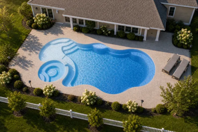 Daytime render of the Bermuda 14 Deluxe fiberglass pool with cantilever coping and a Sapphire Blue interior, seen from above at an angle.