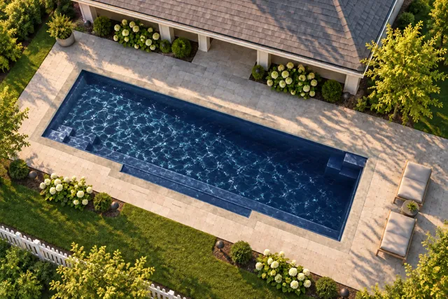 Daytime render of the Tuscan 14.40 fiberglass pool with stone coping and a Night Sky interior, seen from above at an angle.