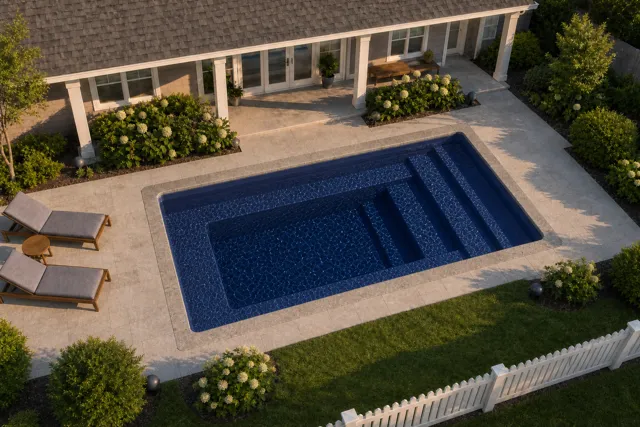 Daytime render of the Milan 8.14 fiberglass pool with stone coping and a Night Sky interior, seen from above at an angle.