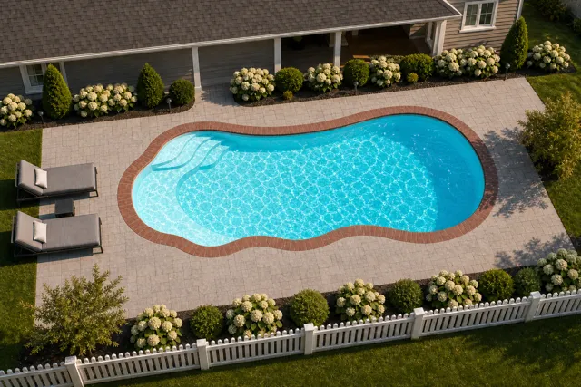 Daytime render of the The Fantasy 30 fiberglass pool with brick coping and a Coral Blue interior, seen from above at an angle.