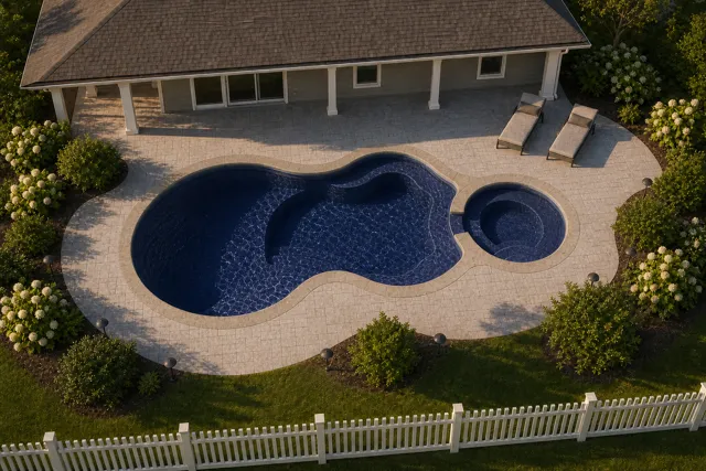 Daytime render of the Axiom 12 Deluxe fiberglass pool with stone coping and a Night Sky interior, seen from above at an angle.