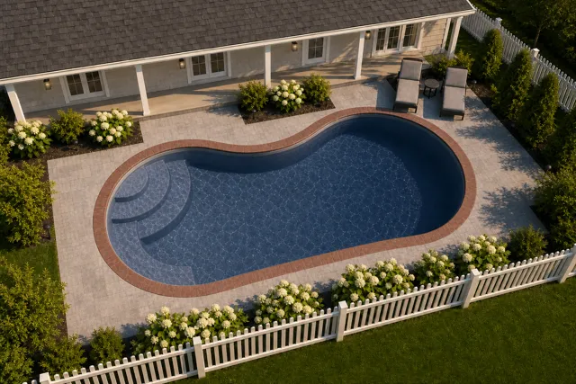 Daytime render of the Jamaica 10 fiberglass pool with brick coping and a Ocean Blue interior, seen from above at an angle.