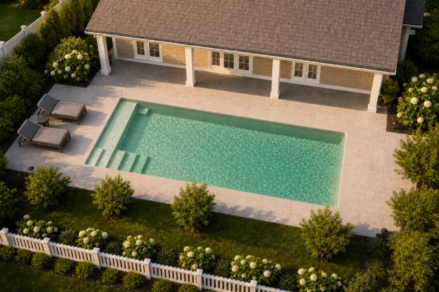 Daytime render of the The Vision 26 fiberglass pool with cantilever coping and a Beach Sand interior, seen from above at an angle.