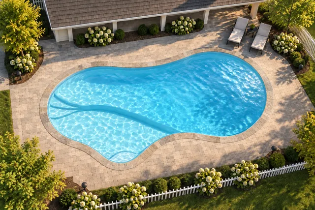 Daytime render of the The Inspiration 30 fiberglass pool with stone coping and a Ice Silver interior, seen from above at an angle.
