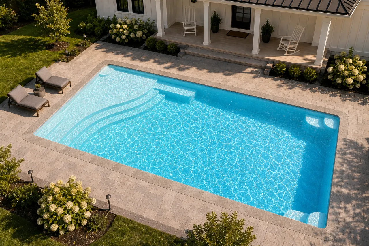 Daytime render of the Aspen 1640 fiberglass pool with stone coping and a Caribbean Sparkle interior, seen from above at an angle.