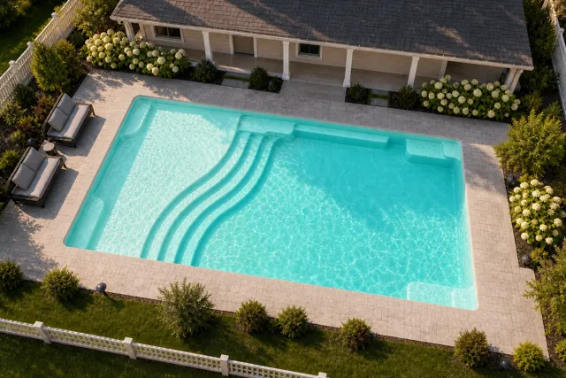 Daytime render of the Aspen 1225 fiberglass pool with cantilever coping and a Arctic Shimmer interior, seen from above at an angle.