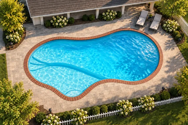 Daytime render of the The Inspiration 30 fiberglass pool with brick coping and a Coral Blue interior, seen from above at an angle.