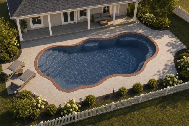 Daytime render of the Bermuda 12 fiberglass pool with brick coping and a Ocean Blue interior, seen from above at an angle.
