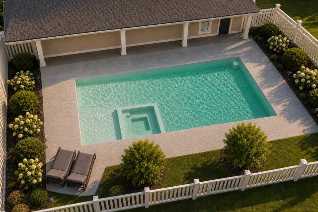 Daytime render of the The Exquisite 35 fiberglass pool with cantilever coping and a Beach Sand interior, seen from above at an angle.