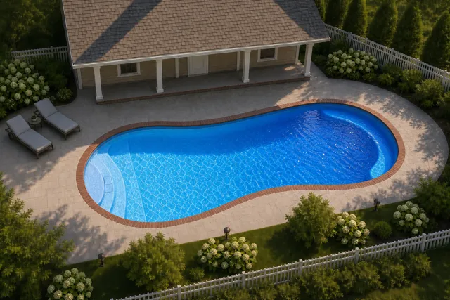 Daytime render of the Titus 1226 fiberglass pool with brick coping and a California interior, seen from above at an angle.