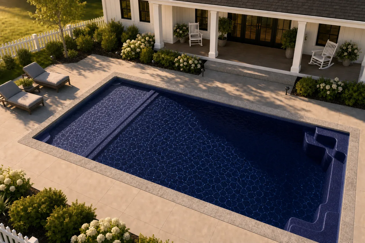 Daytime render of the Corinthian 14 fiberglass pool with stone coping and a Night Sky interior, seen from above at an angle.