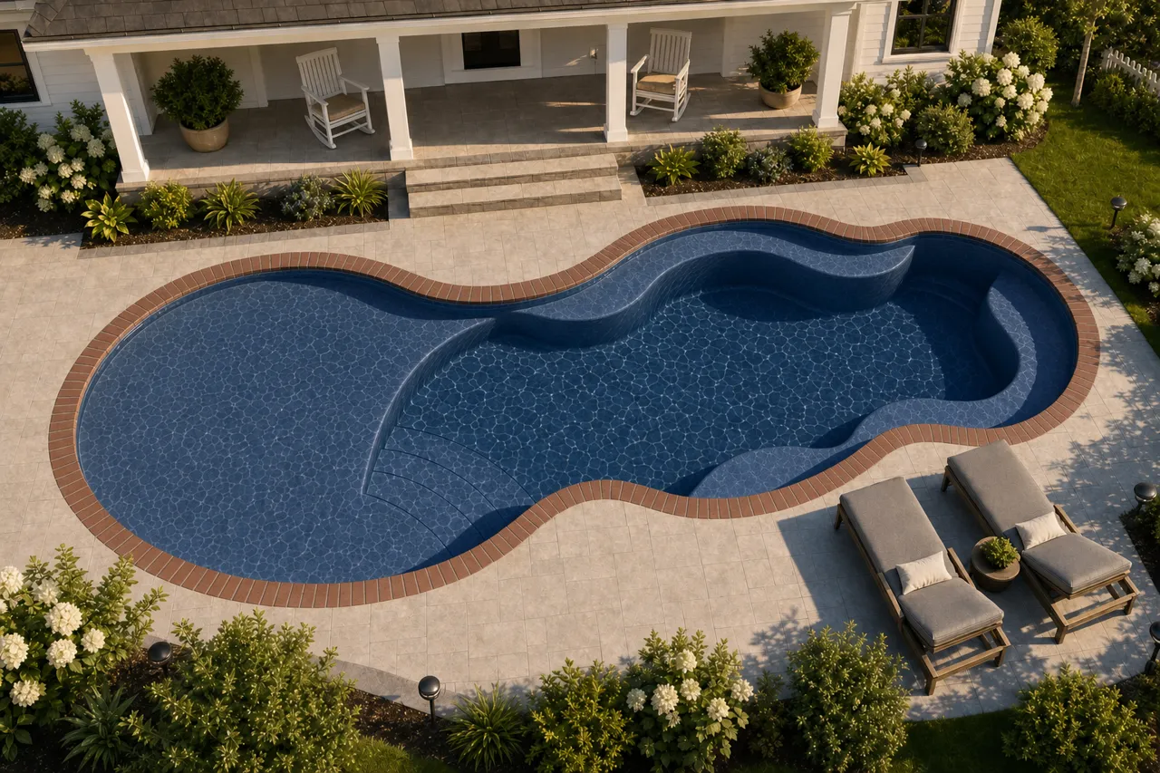 Daytime render of the Axiom 14 fiberglass pool with brick coping and a Ocean Blue interior, seen from above at an angle.
