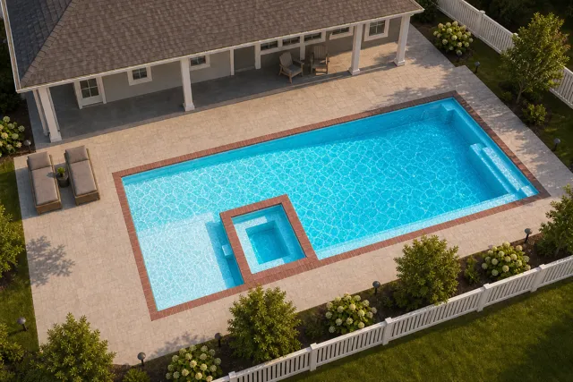 Daytime render of the The Exquisite 40 fiberglass pool with brick coping and a Coral Blue interior, seen from above at an angle.