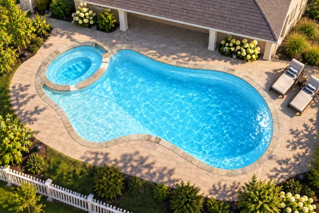Daytime render of the The Brilliant 30 fiberglass pool with stone coping and a Ice Silver interior, seen from above at an angle.