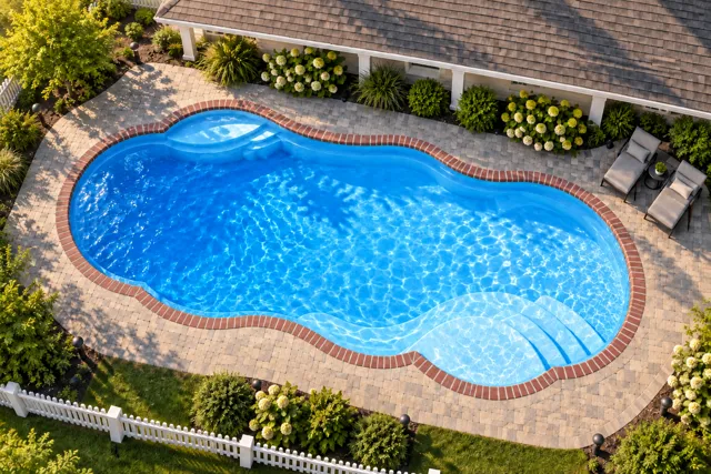 Daytime render of the Sun Day 1639 fiberglass pool with brick coping and a California interior, seen from above at an angle.