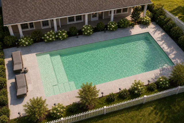 Daytime render of the The Vision 23 fiberglass pool with cantilever coping and a Beach Sand interior, seen from above at an angle.
