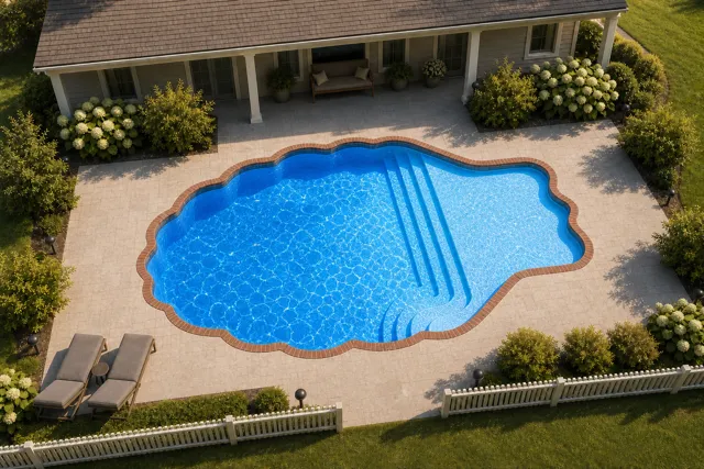 Daytime render of the Pearl 1525 fiberglass pool with brick coping and a California interior, seen from above at an angle.