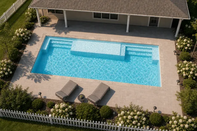 Daytime render of the Magnate fiberglass pool with stone coping and a Caribbean Sparkle interior, seen from above at an angle.