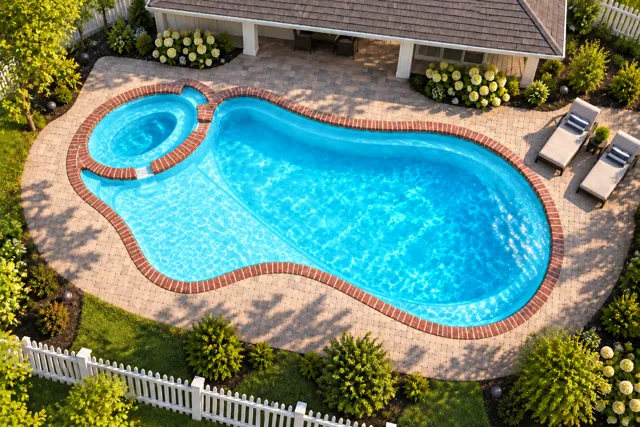 Daytime render of the The Brilliant 40 fiberglass pool with brick coping and a Coral Blue interior, seen from above at an angle.