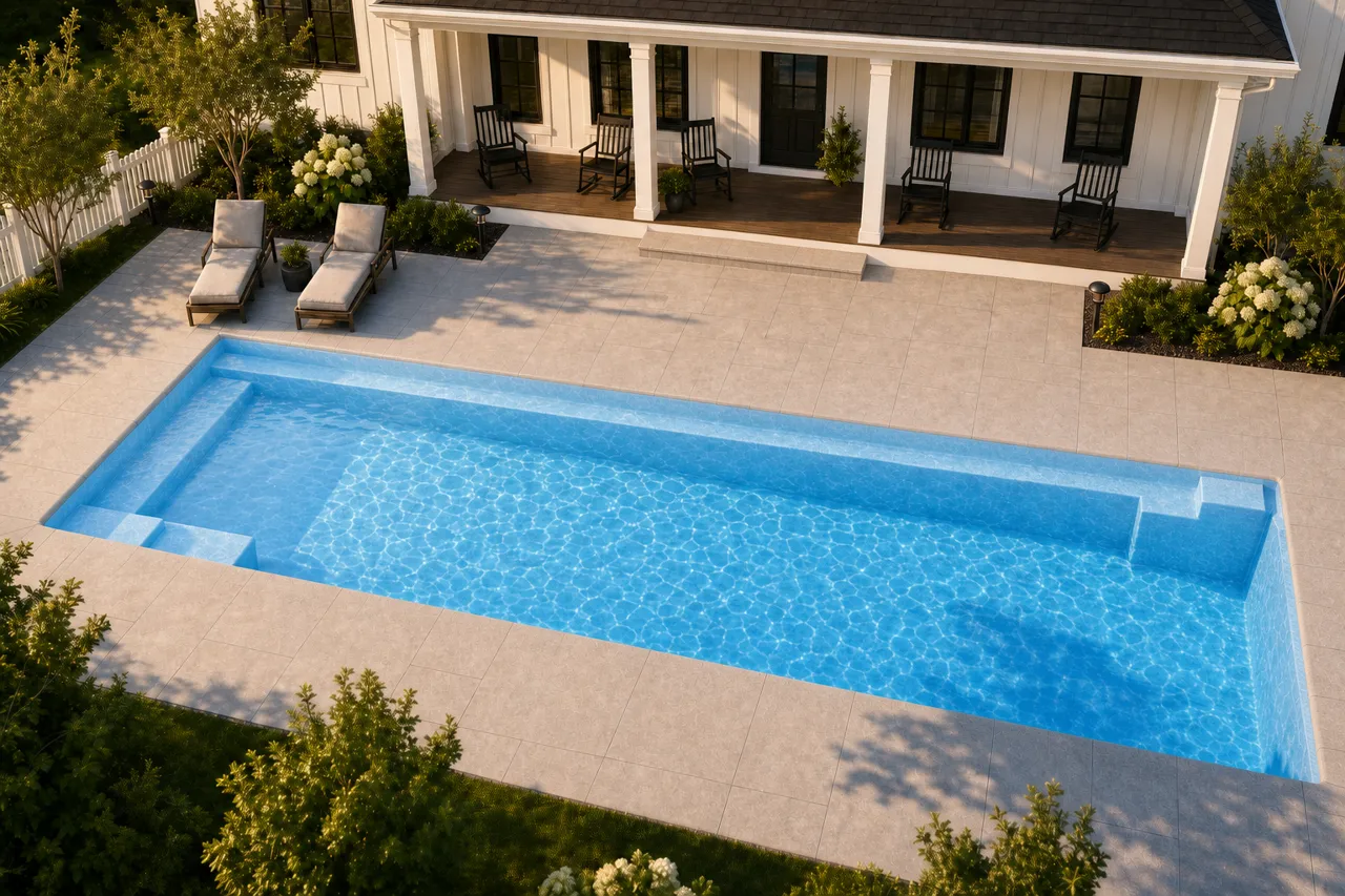 Daytime render of the Tuscan 14.40 fiberglass pool with cantilever coping and a Sapphire Blue interior, seen from above at an angle.