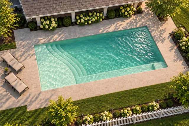 Daytime render of the The Bliss 35 fiberglass pool with cantilever coping and a Beach Sand interior, seen from above at an angle.