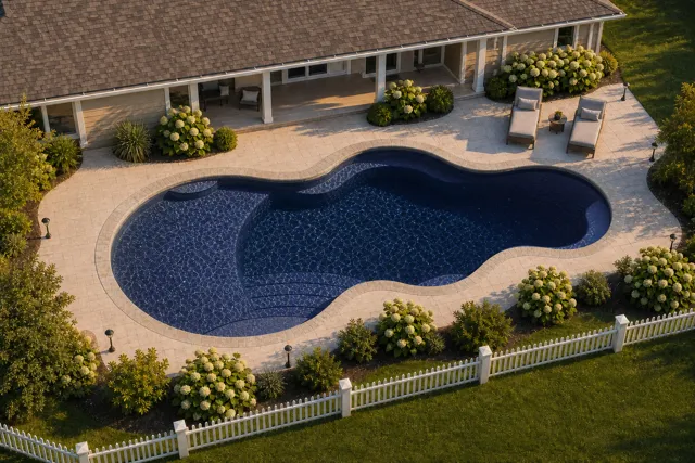 Daytime render of the Axiom 16 fiberglass pool with stone coping and a Night Sky interior, seen from above at an angle.