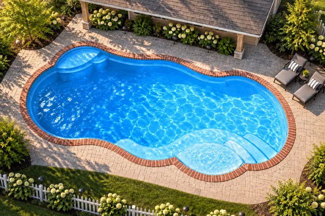 Daytime render of the Sun Day 1634 fiberglass pool with brick coping and a California interior, seen from above at an angle.