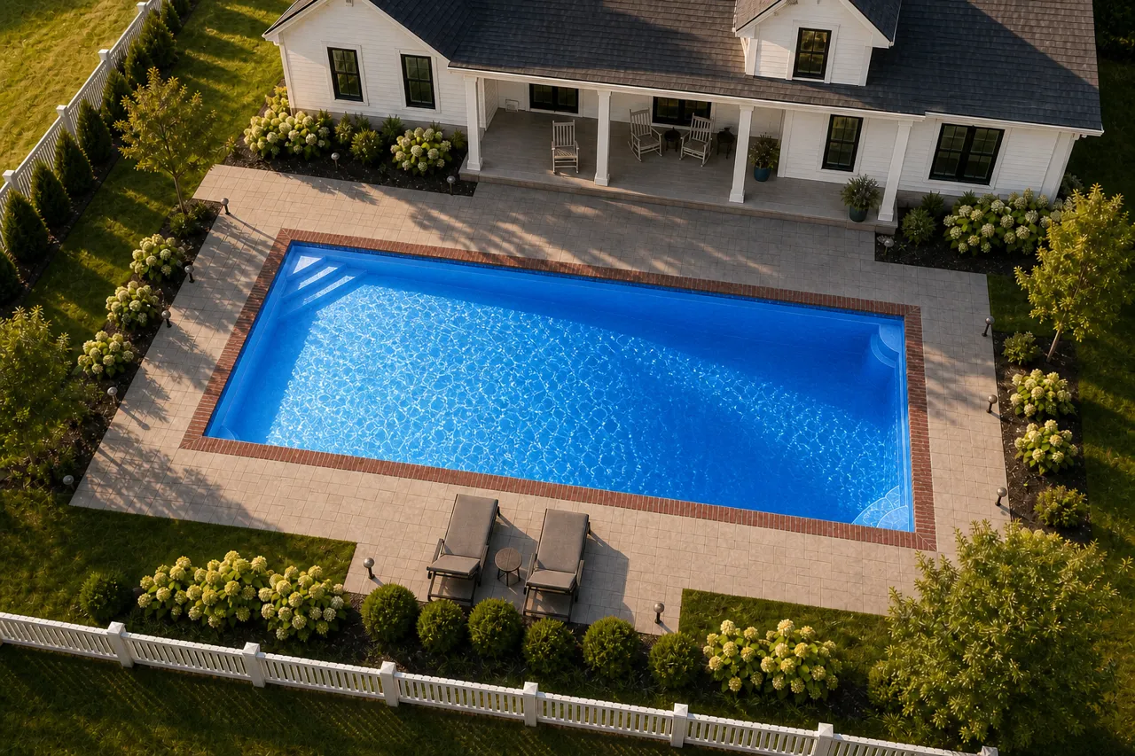 Daytime render of the Monolith 1640 fiberglass pool with brick coping and a California interior, seen from above at an angle.