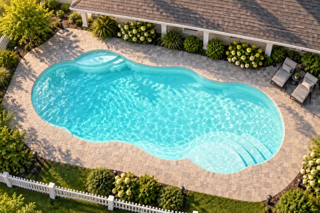 Daytime render of the Sun Day 1639 fiberglass pool with cantilever coping and a Arctic Shimmer interior, seen from above at an angle.