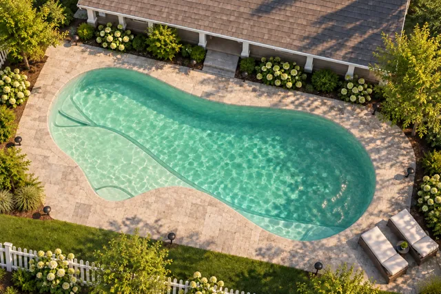 Daytime render of the The Inspiration 35 fiberglass pool with cantilever coping and a Beach Sand interior, seen from above at an angle.