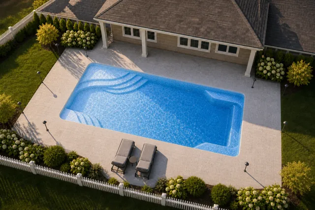 Daytime render of the Olympia 12 fiberglass pool with cantilever coping and a Sapphire Blue interior, seen from above at an angle.