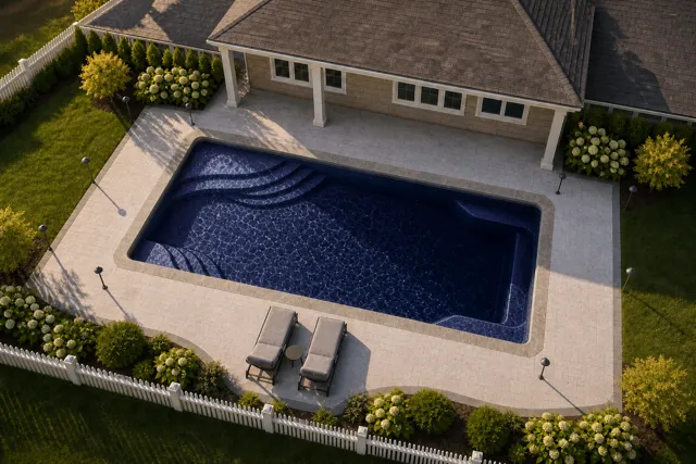 Daytime render of the Olympia 12 fiberglass pool with stone coping and a Night Sky interior, seen from above at an angle.