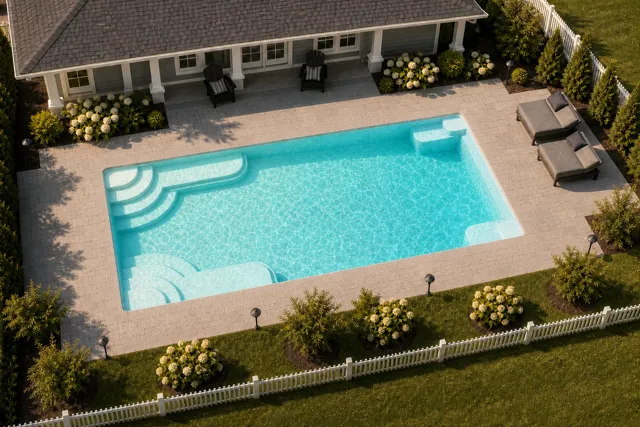 Daytime render of the Goliath 1225 fiberglass pool with cantilever coping and a Arctic Shimmer interior, seen from above at an angle.
