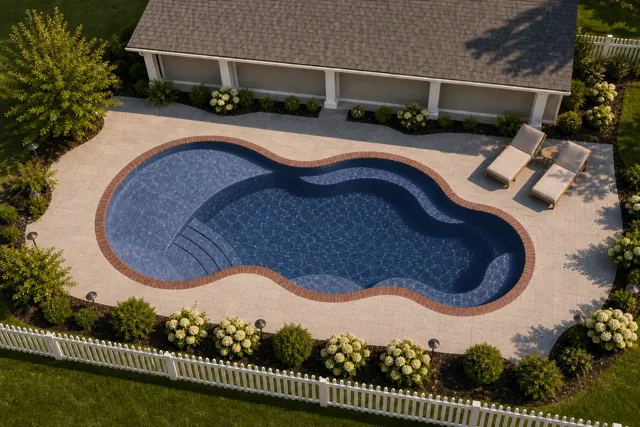 Daytime render of the Axiom 14 fiberglass pool with brick coping and a Ocean Blue interior, seen from above at an angle.