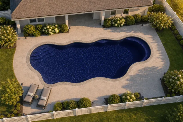 Daytime render of the Bermuda 16.40 fiberglass pool with stone coping and a Night Sky interior, seen from above at an angle.