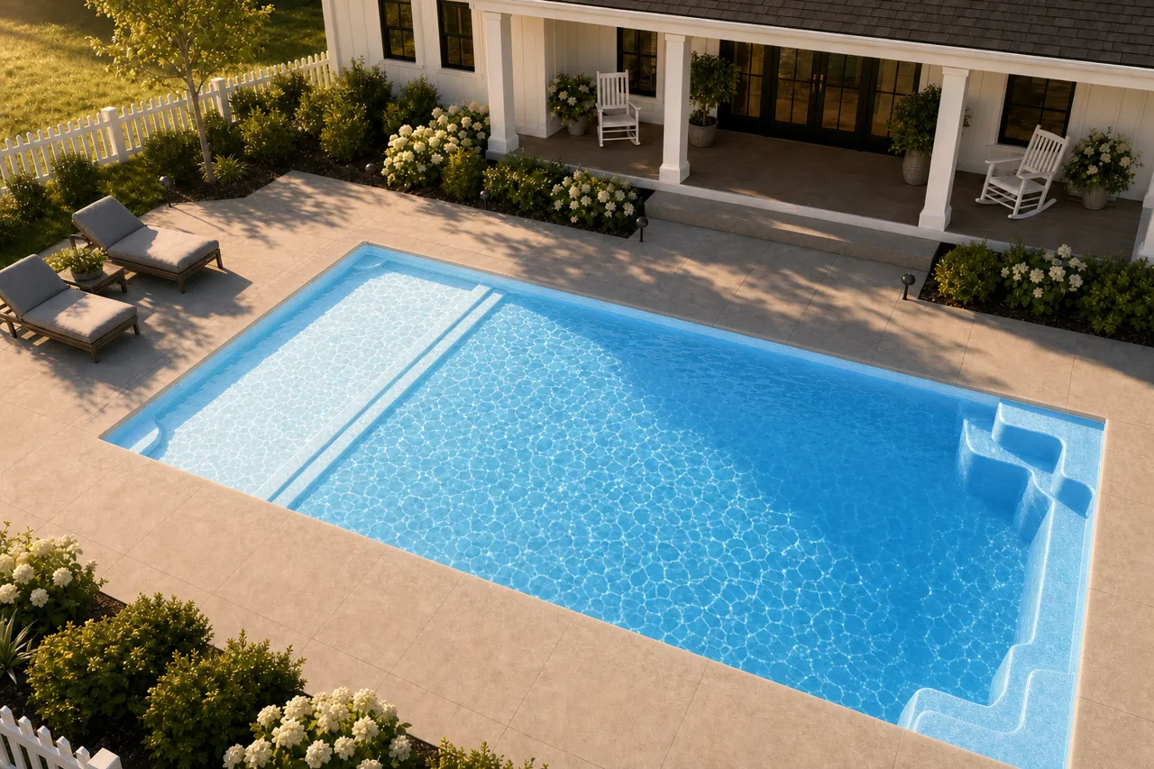 Daytime render of the Corinthian 14 fiberglass pool with cantilever coping and a Sapphire Blue interior, seen from above at an angle.