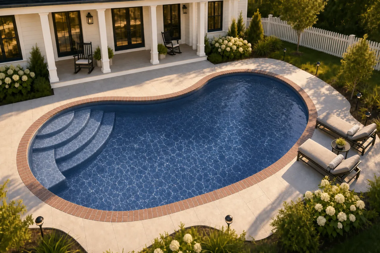 Daytime render of the Jamaica 12 fiberglass pool with brick coping and a Ocean Blue interior, seen from above at an angle.