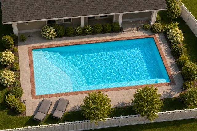 Daytime render of the The Bliss 30 fiberglass pool with brick coping and a Coral Blue interior, seen from above at an angle.