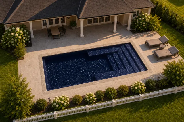 Daytime render of the Milan 10.20 fiberglass pool with stone coping and a Night Sky interior, seen from above at an angle.