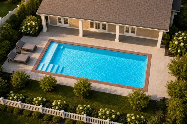 Daytime render of the The Vision 26 fiberglass pool with brick coping and a Coral Blue interior, seen from above at an angle.