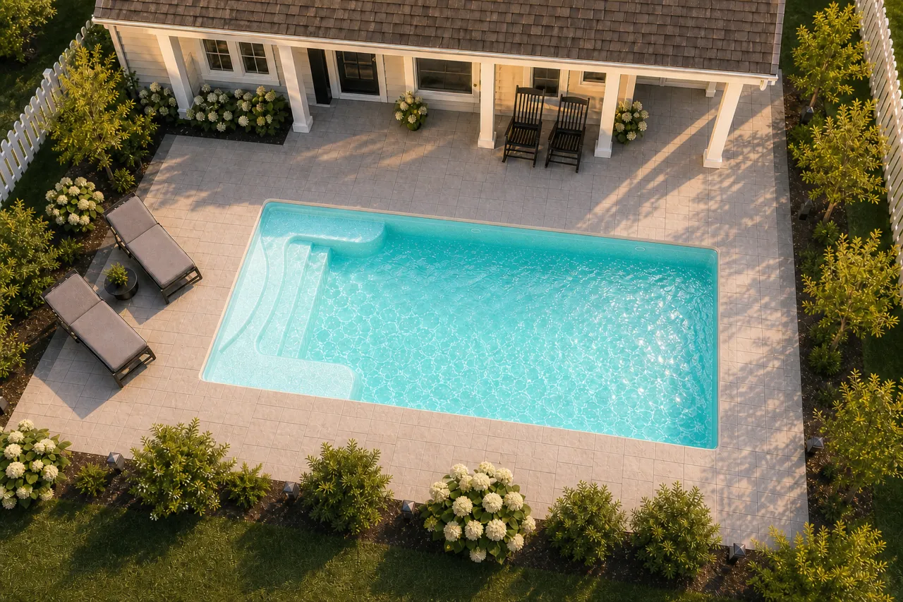 Daytime render of the Sea Turtle fiberglass pool with cantilever coping and a Arctic Shimmer interior, seen from above at an angle.