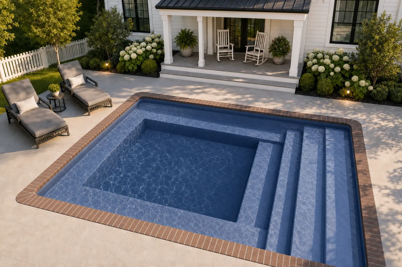 Daytime render of the Milan 8.14 fiberglass pool with brick coping and a Ocean Blue interior, seen from above at an angle.